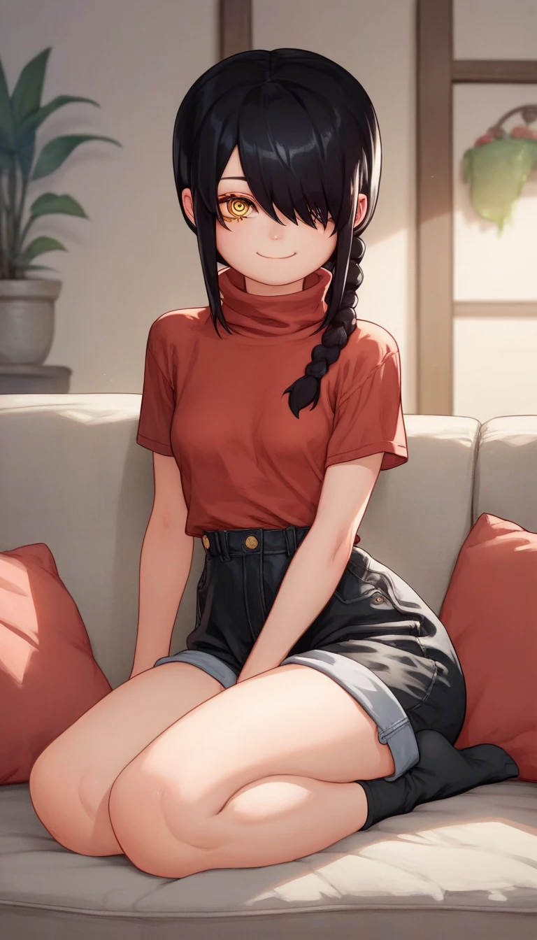 nayuta csm, Nayuta, 1girl, ringed eyes, black hair, yellow eyes, best quality, single braid, medium hair, hair over one eye, red sweeter, turtleneck sweeter, Black thighs, Sitting on sofa, cute ass, , living room, looking at viewer, loli, young girl, small breasts, wide hips, thick legs, black socks , smile, front view, cute ass, Loli, Black pants, sexy pose, Loli girl, Loli girl,  girl