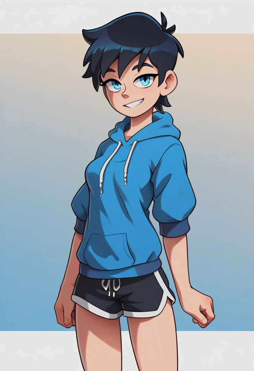 score_9, score_8_up, score_7_up, source_anime, best quality, clear face,skinny cool bright tomboy girl,black hair, blue eyes, medium hair, medium breasts, perfect body, s, looking at viewer, cool smile, mini black jumper shorts,blue underneath, plain blue hoodie,summer,two hair strains on sides,medium hair,middle part,baggy clothes,hair going right,standing,close to face