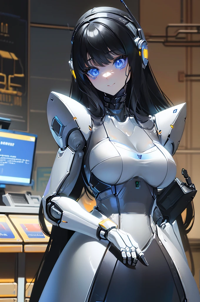 masterpiece, best quality, 1girl in, Japaese Cyborg Girl,Plump , announcer,control panels,android,Droid,Mechanical Hand, ,clothes with a sense of mechanical technology, Robot arms and legs, Black Robot Parts,Black hair,Mechanical body,Blunt bangs,White abdomen,White robotics parts,tube dress,perfect robot woman,perfect android woman, perfect mechanical woman,future laboratory,android factory,cyborg factory,robot factory,cyber pank,charging spot,long tube,thick cable connected her neck,bowing,maintainance her,repaired her,full eyes,dark black tights,a bit chubby