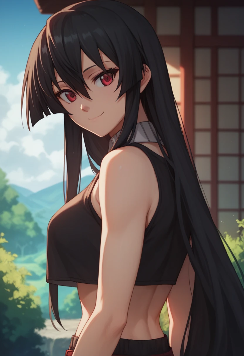 1girl, solo,akame, long hair, black hair, red eyes, hair between eyes,edgpshorts, wearing edgpshorts, crop top,standing, looking at viewer, smile, from behind,  beautiful, day, outdoors