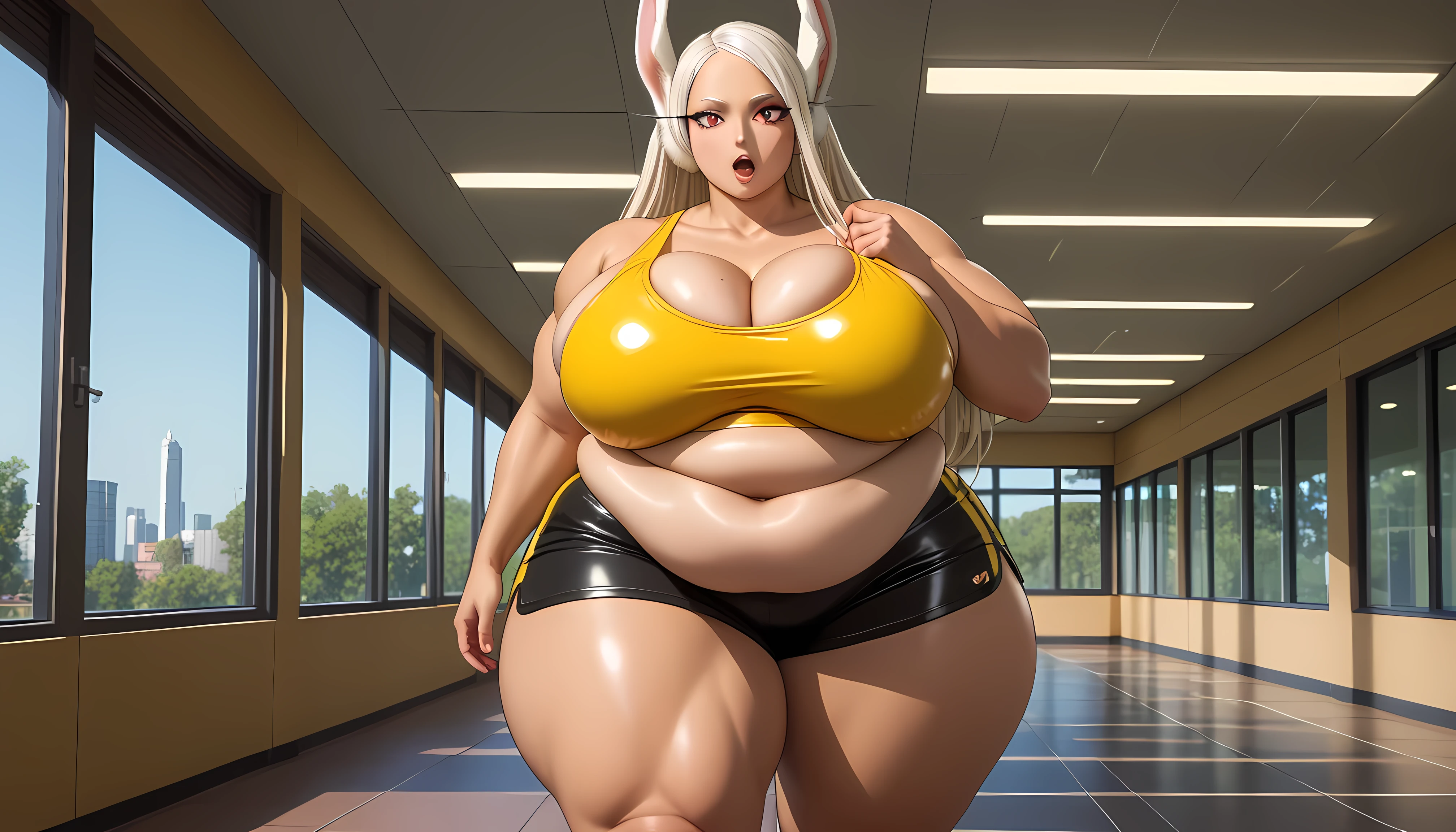 best quality, high rating, best quality, high quality, masterpiece, definition lines, detailed face, c.cu, (betterwithsalt(artist))

1girl, (miruko), yellow sports crop top, latex black sports shorts, (cleavage)

((fat_hourglass_body:1.5)), ((mordibly_obese)), ((ssbbw)), ((wide_hips)), ((hyper_thighs)), ((gigantic ass)), huge breasts, fat face, fat arms, sagging breasts, (looking at viewer), (making a sexy pose to viewer), (weight_gain_conscious), (gaining weight fast)

(expansion-lines), motion lines,

wide eyes, ((aroused)), moaning with hapiness

inside, (park), (walking with the viewer),