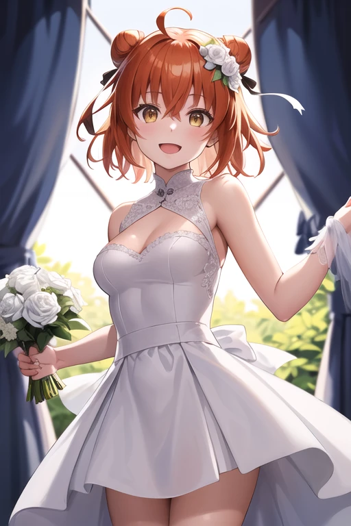 Fujimaru Ritsuka,short hair,orange hair,ahoge,hair between eyes,bangs,yellow eyes,medium breasts,
hairstyle:(black wedding bun short hair:1.2),
Outfit:(wedding dress,intricate dress,ball gown,bridal veil,bride,curtains,depth of field,dress,flower,hair flower,hair ornament,see-through,white flower,white rose:1.1),
1girl,(face full of joy:1.3),
((standing,cowboy shot,looking at viewer:1.2)),
(room:1.0),clothed