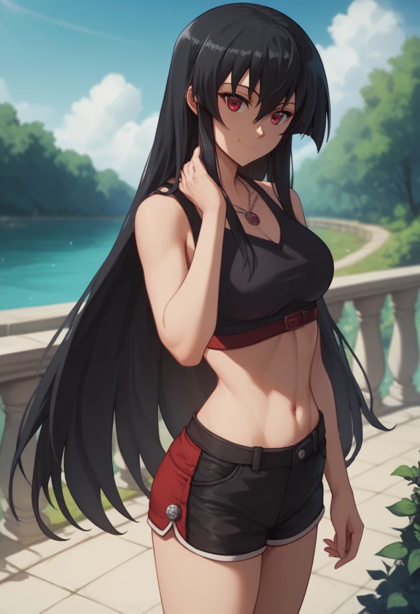 1girl, solo,akame, long hair, black hair, red eyes, hair between eyes,edgpshorts, wearing edgpshorts, crop top,standing, looking at viewer, smile, beautiful, day, outdoors