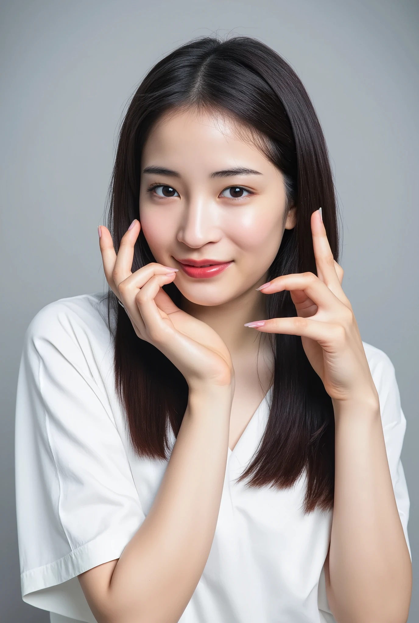 smile making a heart shape with hands:2.0、 (Ultra-precise human anatomy , top quality、 RAW photo、8k、32K、 Masterpiece 、 realistic 、 photorealistic:1.37)、Cute Japanese women images、 tank top in front of urinal、 Shot in natural light、 upper body、 1 girl、Photo Mapping、Physically Based Rendering、 high image quality、 high definition 、1080P、( beautiful face)、(Detailed description of the face)、( Detailed description of the hand setter'Muscle area)、( CG in detail)、 rich details 、( Stunning Features :1.35)、( detail eyes)、 looking forward to your eyes、Delicate clavicle、 Various Poses、非常にリアルで詳細な若い女性の upper bodyポートレート。The skin is beautiful、 Soft light is reflected in the high part of the cheek .、 Tiny pores and hair follicles、 You can see even the thinnest blood vessels 。The skin is smooth、natural flushing of cheeks 、Healthy glow。 The eyes are large and clear blue、Her iris has fine patterning、 Light is reflecting and shining in the eye。 There is a slight shadow under her eye 、 Her eyelashes are long and naturally curled。 her lips are soft pink 、Smooth texture with a natural glow、 Slightly reflects light。 the woman wears a simple white top .、 background is pale black and white gradation .、焦点は完全に顔と upper bodyに当たっている。 realistic shadows and textures、 picture-like depiction.。