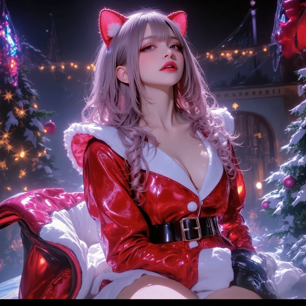 Cat ears、Miniskirt Santa Outfit、  attractive,desire, Obscene, Mature Woman, Captivating body lines , ((  fine facial features ,   open your mouth, eroticism)),  dramatic lighting  ,  realistic , 8k, Cinematic Composition , dark moody vibe ,  Dramatic Shadows ,  intricate and elaborate patterns  ,  30 megapixel  ,   super detailed photo  ,  chiaroscuro lighting  ,   moody color palette across sleigh  ,Pleasant colors ,  Deep Contrast  ,  super real 、 pink lipstick、 snowy Christmas tree、 white christmas、 full body view、Drawing composition、 cinematic composition、 straddles reindeer、 seductive thighs 、Exuding sexiness、Use warm colors、 Santa Claus、Sensational reindeer 