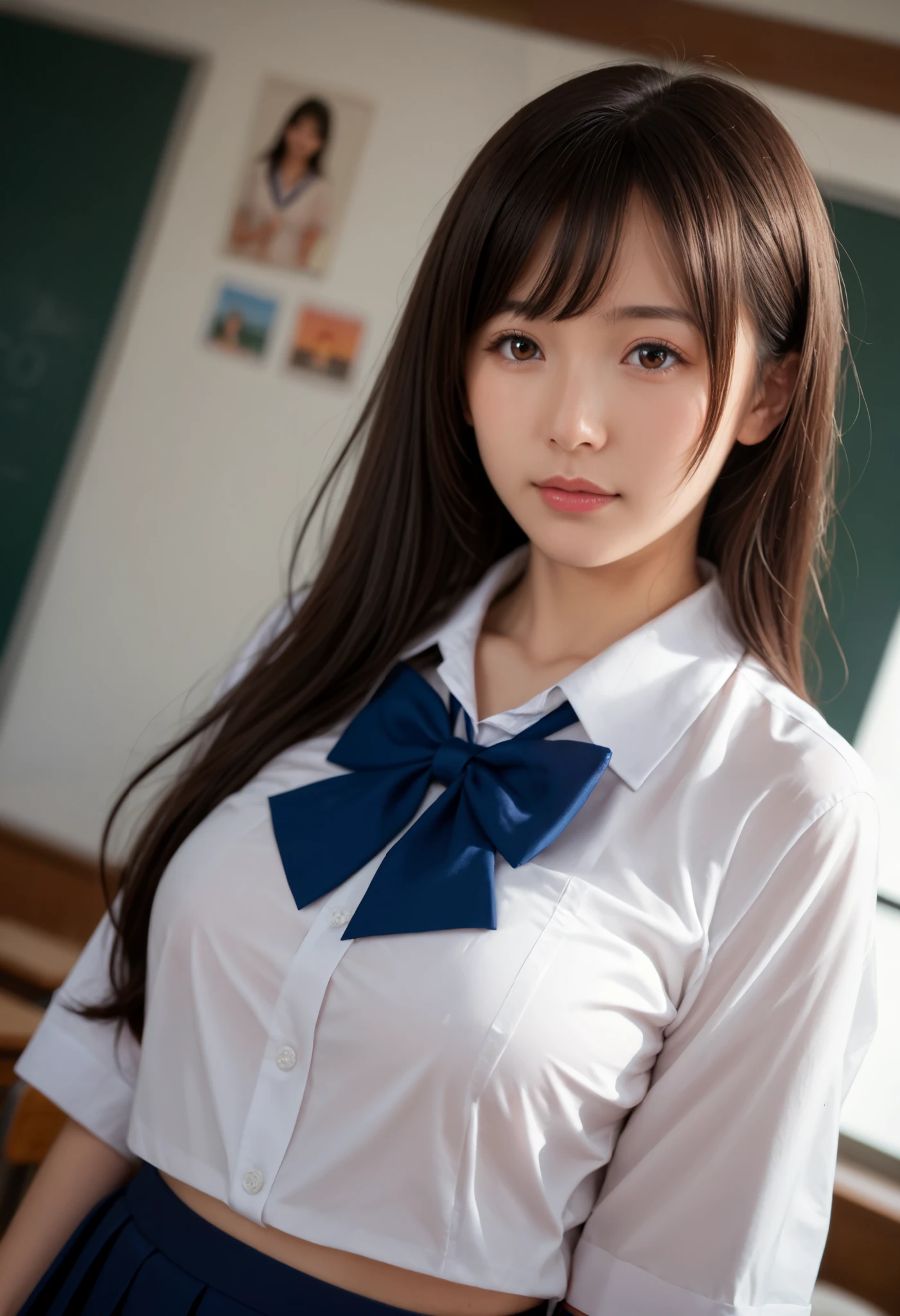 score_9, score_8_up, score_7_up, score_6_up, realistic, photo, dynamic angle, dramatic shadows, detailed face hair and eyes, detailed skin, depth of field, BREAK, 1girl, (18 year old Japanese high school girl),Young Gravure Idol, Beautiful and cute mature schoolgirl, innocent and alluring, black long hair, alternative vibe, brown eyes, large breasts, Japanese High School Uniform,, nsfw, 