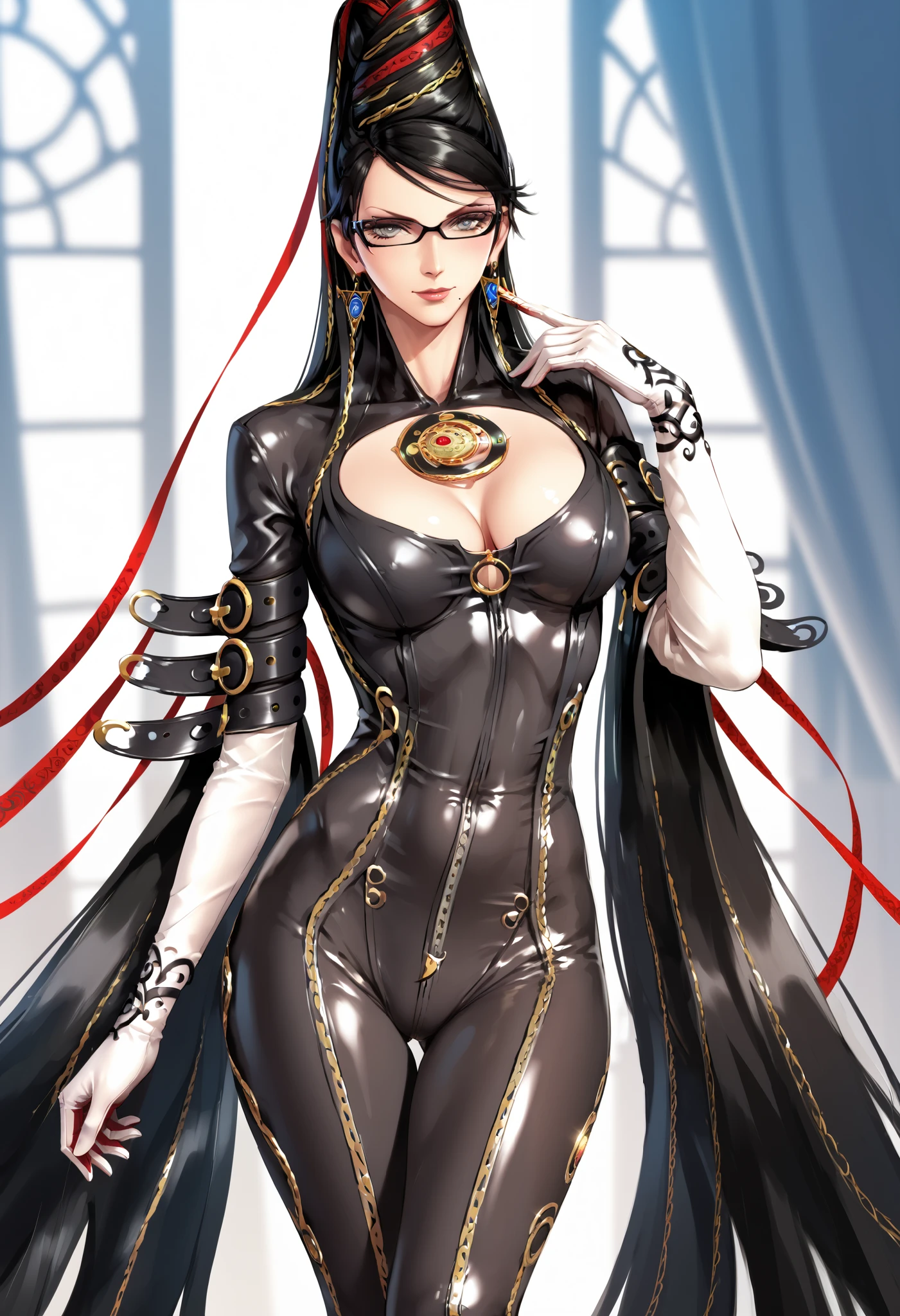 extremely detailed CG, high resolution, best quality, masterpiece, single woman, bayonetta, gray eyes, (beautiful detailed eyes: 1.4), black hair (red ribbon), tight black bodysuit (neck to toe), cleavage, filigree patterns in metallic gold, long white gloves, long legs, natural pose