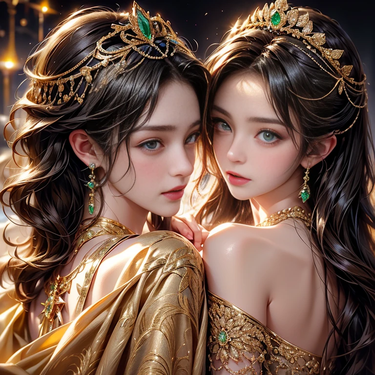  detailed eyes , detailed lips, sparkling gold dress,  Elegant pose,  soft lighting,  Realistic portrait of boy and girl ,  high definition , hips, bright colors, thin brush strokes, oil painting style,  Thin facial features , graceful expression, professional photography style, Appearance of the model, refined beauty,  a barely noticeable smile , atmospheric background,  modern art style , shiny fabric, feminine and masculine charm , complex patterns, high-end jewelry, golden tiara, adorned with sparkling gemstones , diamonds , in the center is a large emerald !