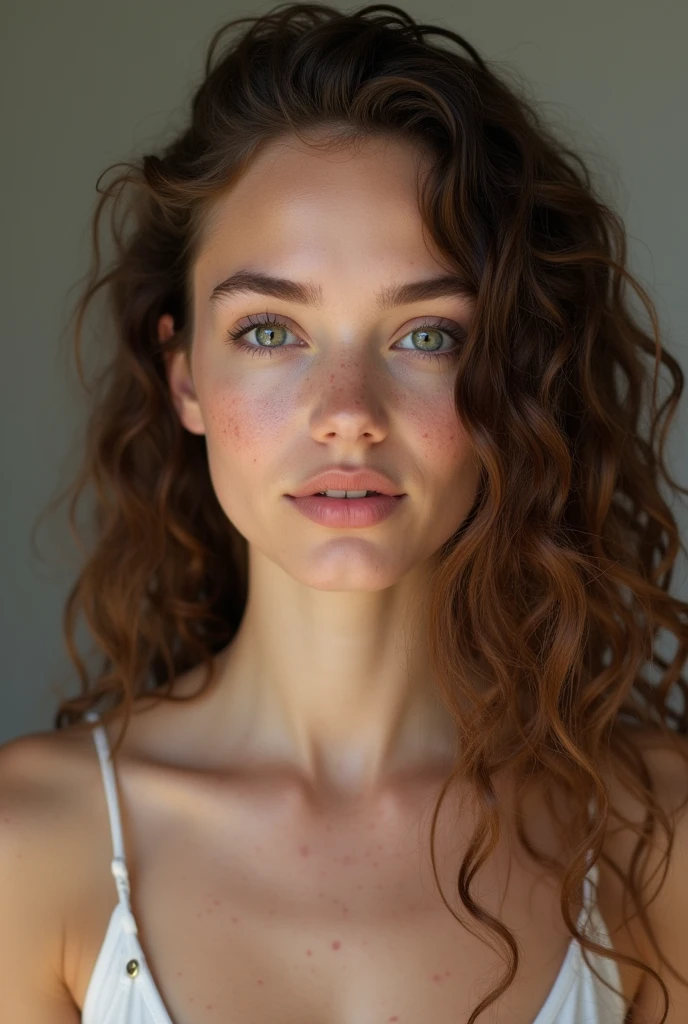 (close-up, editorial photograph of a 40 year old woman), (highly detailed face:1.4) (smile:0.7) (background inside dark, moody, private study:1.3) POV, by lee jeffries, nikon d850, film stock photograph , cowboy shot, 4 kodak portra 400 ,camera f1.6 lens ,rich colors , albino, hyper realistic ,lifelike texture, dramatic lighting , cinestill 800, wavy hair, messy hair, curls, evil smile, brown hair, freckles, green eyes, white skin, cleavage, sexy, androgynous, griffith, naked, large natural breasts, full moon, darkness