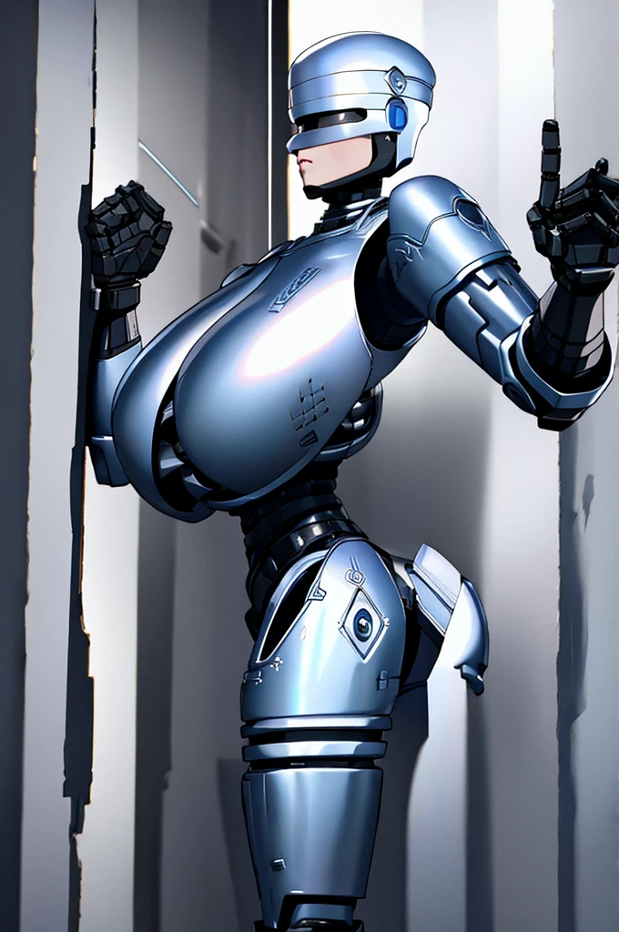 Female RoboCop, beautiful body, big breasts and butt, cornered against a wall, hands raised in surrender, frightened expression