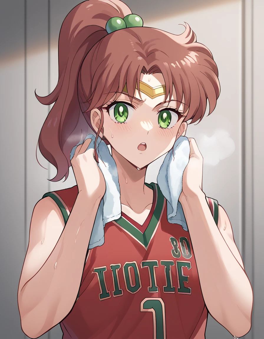 score_9, score_8_up, score_7_up, source_anime, makoto kino, brown hair, circlet, green eyes, hair bobbles, hair ornament, medium hair, ponytail, sidelocks, parted bangs,, basketball uniform, basketball jersery, sportswear, jersey, shorts, sleeveless,, audience, gym, sweat, open mouth, steam, wiping sweat, towel, holding, sweat, holding towel, looking at viewer, open mouth,, cowboy shot, out of breath