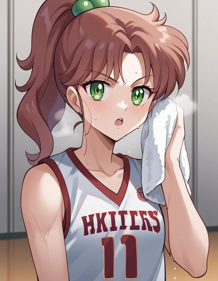 score_9, score_8_up, score_7_up, source_anime, makoto kino, brown hair, circlet, green eyes, hair bobbles, hair ornament, medium hair, ponytail, sidelocks, parted bangs,, basketball uniform, basketball jersery, sportswear, jersey, shorts, sleeveless,, audience, gym, sweat, open mouth, steam, wiping sweat, towel, holding, sweat, holding towel, looking at viewer, open mouth,, cowboy shot, out of breath