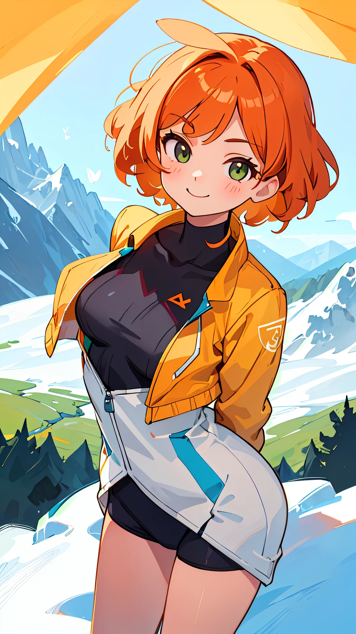 (Masterpiece), Best Quality, ultra-detailed, 1girl (Gwendolyn_Tennyson, beautiful face, breasts, orange hair, short hair, green eyes), , a charming face, smile, looking at viewer, solo, long sleeves, navel, belt, white pants, in the mountain, walk, charming walking