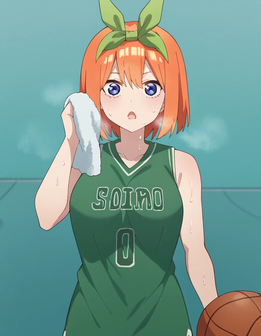 score_9, score_8_up, score_7_up, source_anime, yotsuba nakano, bangs, short hair, blue eyes, hair between eyes, hair ribbon, hairband, orange hair, green ribbon, large breasts,, basketball uniform, basketball jersery, sportswear, jersey, shorts, sleeveless,, audience, gym, sweat, open mouth, steam, wiping sweat, towel, holding, sweat, holding towel, looking at viewer, open mouth,, cowboy shot, out of breath