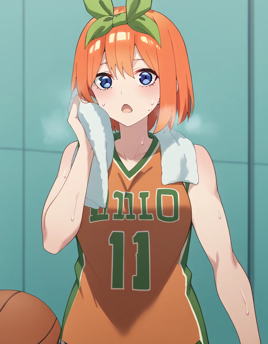 score_9, score_8_up, score_7_up, source_anime, yotsuba nakano, bangs, short hair, blue eyes, hair between eyes, hair ribbon, hairband, orange hair, green ribbon, large breasts,, basketball uniform, basketball jersery, sportswear, jersey, shorts, sleeveless,, audience, gym, sweat, open mouth, steam, wiping sweat, towel, holding, sweat, holding towel, looking at viewer, open mouth,, cowboy shot, out of breath