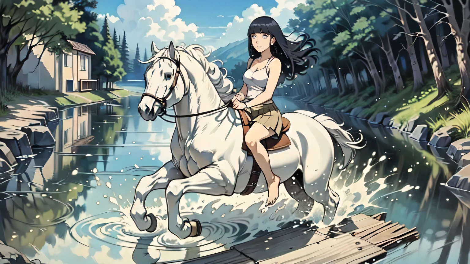 ((best quality)), ((anime masterpiece)), (high detailed), 8k, cinematic lighting, perfect face, medium breast, cleavage, (((a smiling woman wearing miniskirt riding on a REARING WHITE HORSE)), (hinata hyuga, long hair, {black hair}), (sleeveless, miniskirt, bare legs, barefoot)), (white horse, saddle, reins, bridle), solo, (in the river, submerge water, splashes, woods, medieval settings:1.2), both hand holding rein, from side: 1.2, anatomically correct