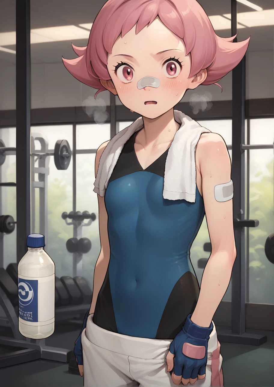 score_9,score_8_up,score_7_up,score_6_up,source anime BREAK, solo, flat colors,
indoors, gym, looking at viewer, sweat, bottle, towel, towel around neck, 
1girl, maylene (pokemon), pink eyes, pink hair, small breasts, short hair, eyelashes, pointy hair,
white pants, blue gloves, bandaid on nose, bandaid, bandaid on arm, bodysuit, fingerless gloves, spandex, sleeveless, out of breath
