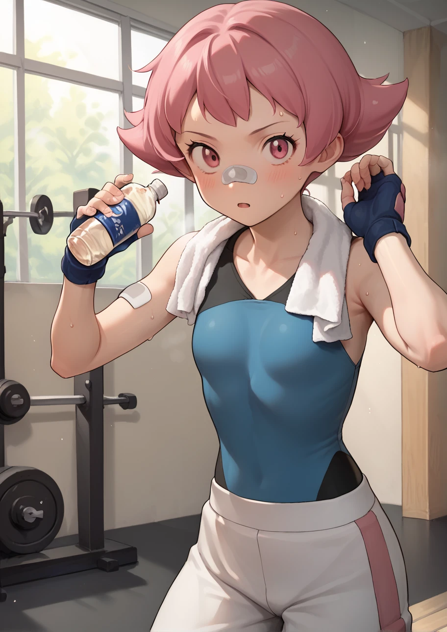 score_9,score_8_up,score_7_up,score_6_up,source anime BREAK, solo, flat colors,
indoors, gym, looking at viewer, sweat, bottle, towel, towel around neck, 
1girl, maylene (pokemon), pink eyes, pink hair, small breasts, short hair, eyelashes, pointy hair,
white pants, blue gloves, bandaid on nose, bandaid, bandaid on arm, bodysuit, fingerless gloves, spandex, sleeveless, out of breath
