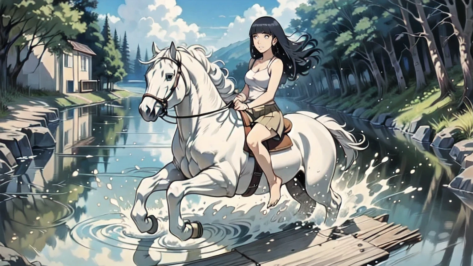 ((best quality)), ((anime masterpiece)), (high detailed), 8k, cinematic lighting, perfect face, medium breast, cleavage, (((a smiling woman wearing miniskirt riding on a REARING WHITE HORSE)), (hinata hyuga, long hair, {black hair}), (sleeveless, miniskirt, bare legs, barefoot)), (white horse, saddle, reins, bridle), solo, (in the river, submerge water, splashes, woods, medieval settings:1.2), both hand holding rein, from side: 1.2, anatomically correct
