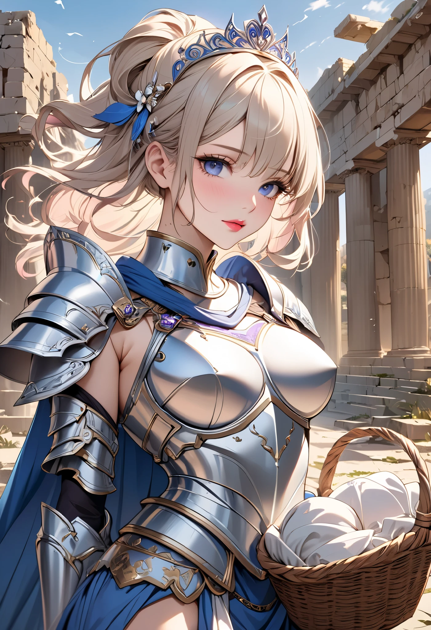 Craft an 8k, ultra-high-definition anime illustration of regal splendor, depicting a warrior princess adorned in ancient Greek-style armor. She stands poised and prepared for battle, a sword gripped firmly in her hand, her stance a testament to her readiness and combat prowess.
Her armor, both ornate and functional, reflects the golden light, mirroring the artistry of the ancient world with a touch of anime flair. The metalwork is intricate, featuring designs that celebrate her royal heritage and the myths of her people. Her hair is styled in a manner befitting her noble status, yet practical for the trials of war.
The background is a tableau of an ancient Greek landscape, perhaps the marble columns of a temple or the expanse of a battlefield that awaits her command. The air is charged with anticipation, and her expression is one of fierce determination, her eyes set with the resolve of a leader born to command.
The detailed rendering captures the shimmer of her blade, the texture of her armor, and the subtle interplay of light and shadow, all contributing to an atmosphere of epic grandeur. This portrayal of the warrior princess combines the aesthetics of anime with the timeless beauty of ancient Greek warfare, bringing to life a character of strength, nobility, and grace.