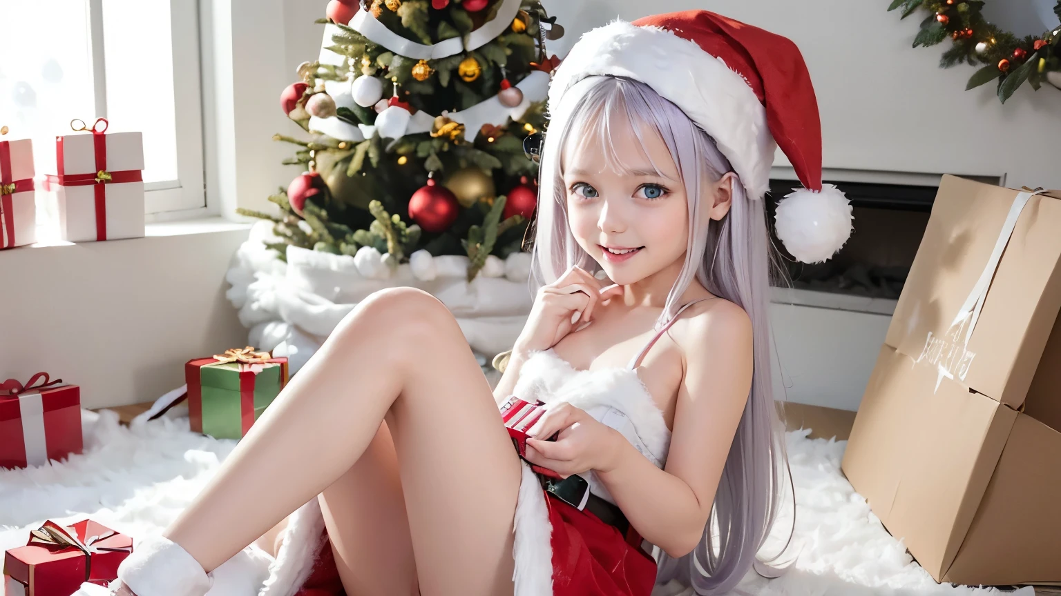 (((opening present boxes during Christmas))), (((adorable))), beautiful small girl with very bright blue eyes and (((white lilac medium length hair))) sitting on the ground and opening a present box that has multiple penises inside, she's smiling and is happy about the gift while looking inside the present box, sitting with legs apart and showing vagina