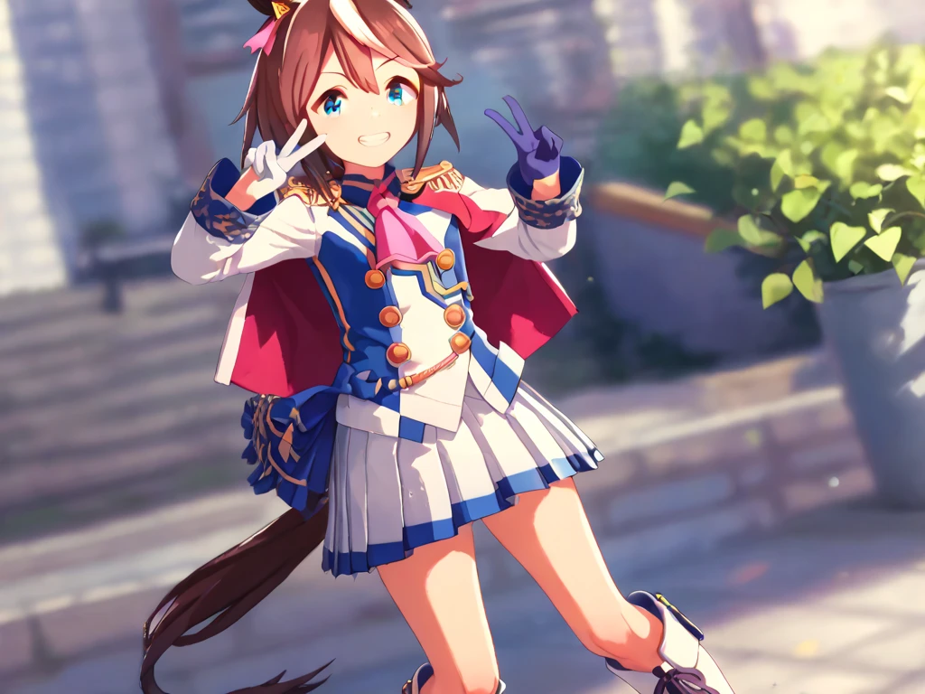 best quality, absurdres, masterpiece, 
 tokai teio \(Uma Musume\),
hair ribbon, pink ribbon, single epaulette, pink ascot, red capelet, long sleeves, asymmetrical gloves, mismatched gloves, white glove, blue glove, multicolored clothes, two-tone jacket, white jacket, blue jacket, shirt, buttons, double-breasted, white skirt, pleated skirt, two-tone skirt, miniskirt, white footwear, knee boots, cheerful grin, making a V sign, in the grassland Sprinting