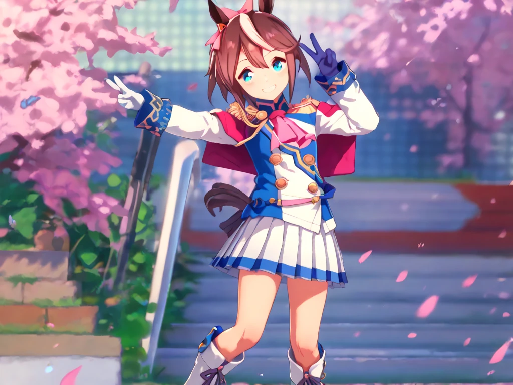 best quality, absurdres, masterpiece, 
 tokai teio \(Uma Musume\),
hair ribbon, pink ribbon, single epaulette, pink ascot, red capelet, long sleeves, asymmetrical gloves, mismatched gloves, white glove, blue glove, multicolored clothes, two-tone jacket, white jacket, blue jacket, shirt, buttons, double-breasted, white skirt, pleated skirt, two-tone skirt, miniskirt, white footwear, knee boots, cheerful grin, making a V sign, in the grassland Sprinting