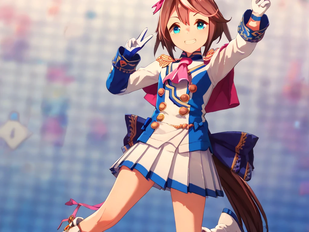 best quality, absurdres, masterpiece, 
 tokai teio \(Uma Musume\),
hair ribbon, pink ribbon, single epaulette, pink ascot, red capelet, long sleeves, asymmetrical gloves, mismatched gloves, white glove, blue glove, multicolored clothes, two-tone jacket, white jacket, blue jacket, shirt, buttons, double-breasted, white skirt, pleated skirt, two-tone skirt, miniskirt, white footwear, knee boots, cheerful grin, making a V sign, in the grassland Sprinting