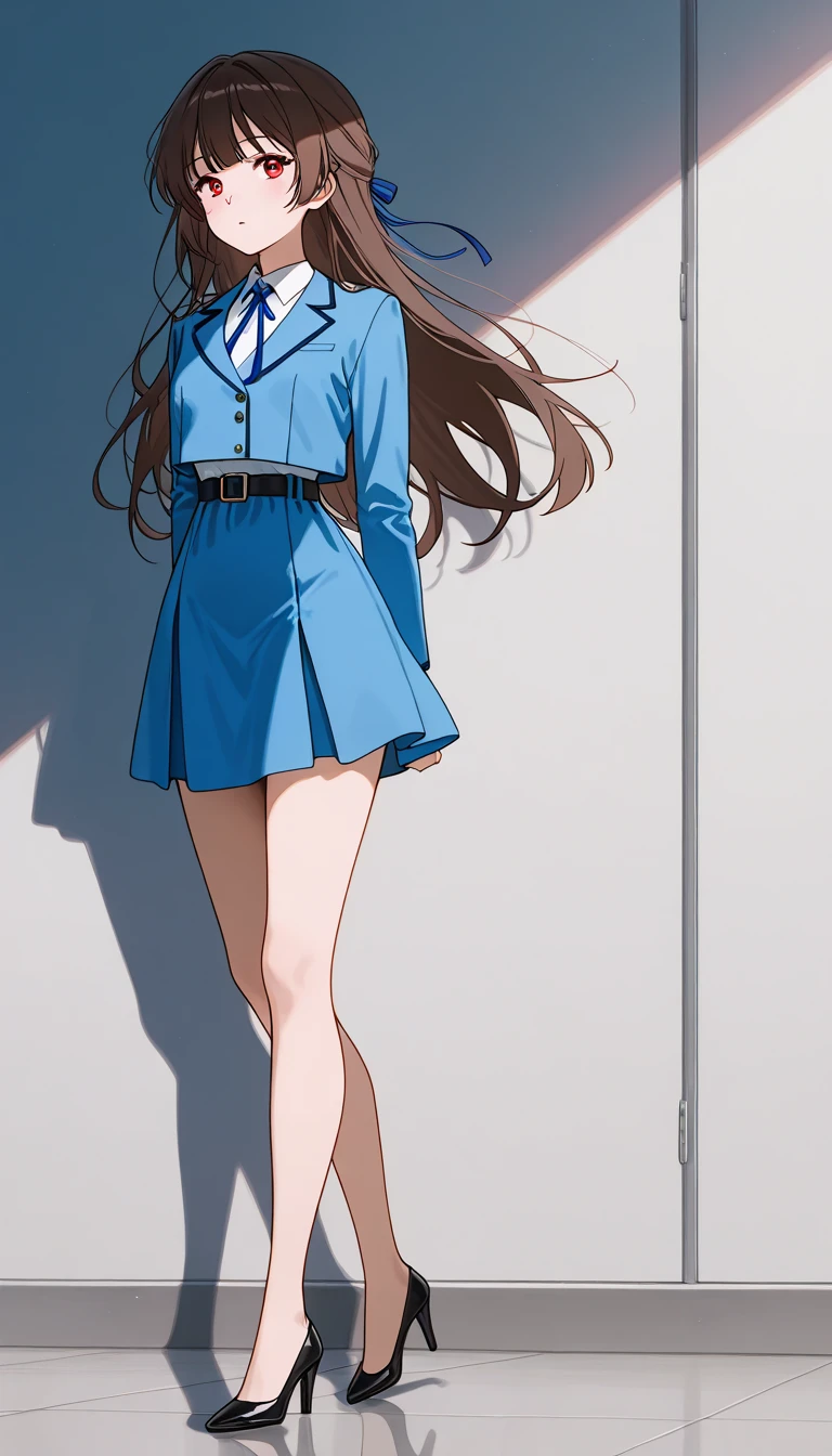  long hair,  brown hair, bangs、ribbon、 red eyes, full body style that reflects your whole body、Normal milk、 narrow waist 、Bare legs、 in a suit、 blue jacket , collared shirt 、 white shirt、 blue tie,belt, blue mini pencil skirt、 black high heel pumps 、Anime Images、
