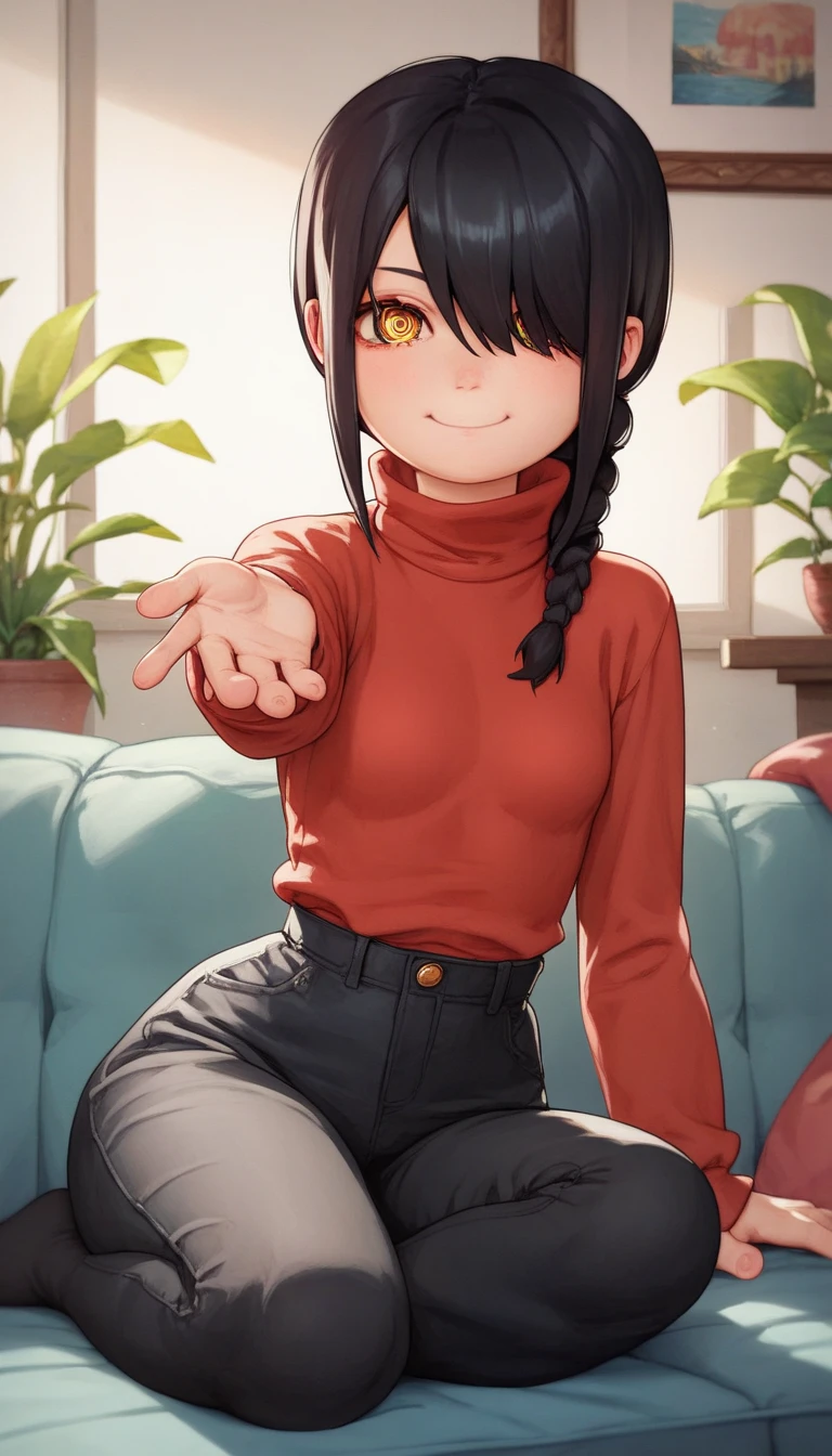 nayuta csm, Nayuta, 1girl, ringed eyes, black hair, yellow eyes, best quality, single braid, medium hair, hair over one eye, red sweeter, turtleneck sweeter, Black thighs, Sitting on sofa, cute ass, , living room, looking at viewer, loli, young girl, small breasts, wide hips, thick legs, black socks , smile, front view, cute ass, Loli, Black pants, sexy pose, Loli girl, Loli girl, small girl