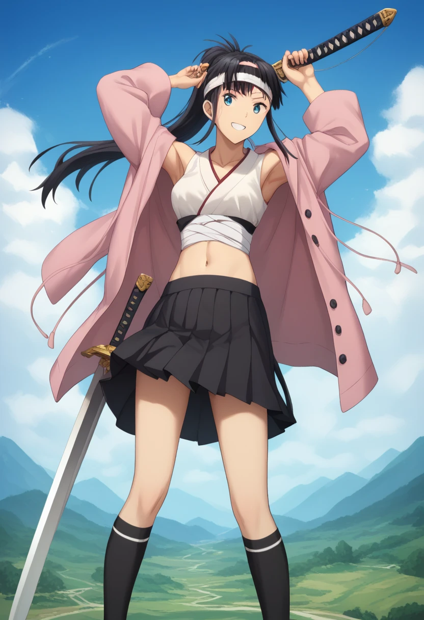   Masterpiece ,  top quality,  Takeuchi Takashi ,  one girl, Long black hair, ponytail,Character portrait,whole body, smiling gently ,Armpits exposed,Navel exposed,Sword in right hand, is pulling out the sword, holding a sword ,刀のwhole body, Viewer Target,Height: 154cm,Momotaro, black skirt（Pleated mini skirt）,Long sleeves,Japanese clothing, lots of exposure,Slim body,Headband on head,Thighs,Black shoes, black knee-highs,pink coat,Peach on the forehead, Scenery（grassland,blue sky）