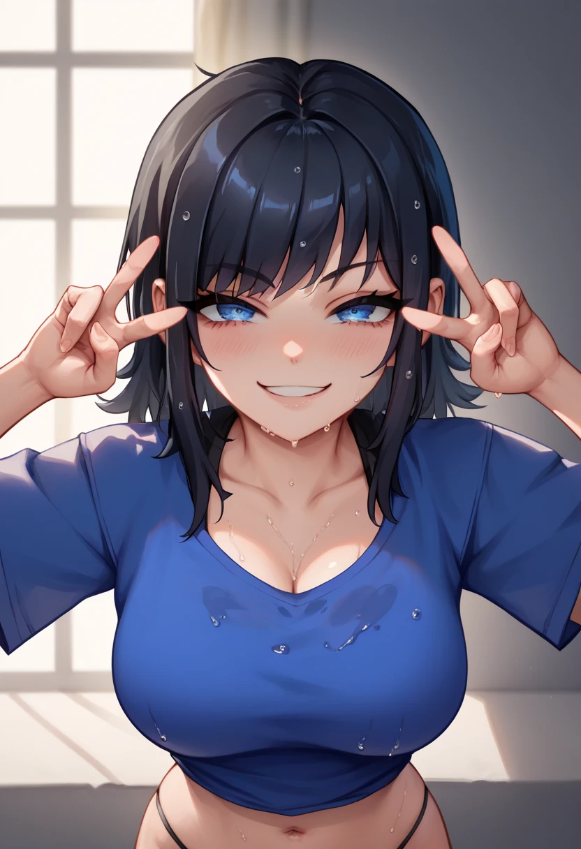 score_9, score_8_up, score_7_up, source_anime, best quality, clear face,skinny cool girl,black hair, blue eyes, medium hair, large breasts, perfect body, s, looking at viewer, lewd sexy, mini black string panties,blue shirt,summer,two hair strains on sides,medium hair,middle part,tight clothes,sexy pose,lewd face,wet face,sexy,face close up,ahega,double peace sign,very close to face,blush,extremely sexy-cute face,smug