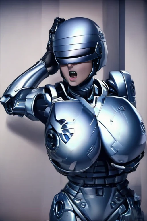 Female RoboCop, beautiful body, big breasts and butt, cornered against a wall, hands raised in surrender, frightened expression