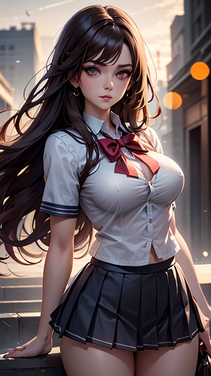 (2girls), Brown hair, Amazing face and eyes, Pink eyes, (hi-school uniform with wide open breasts:1.2), beautiful big breasts, bare breasts, (amazingly beautiful girl), Brown hair, (High School Uniform, Pleated mini-skirt:1.5), ((Best Quality)), (Ultra-detailed), (extremely detailed CG unified 8k wallpaper), Highly detailed, High-definition raw color photos, Professional Photography, (((Bokeh))), depth of fields,
