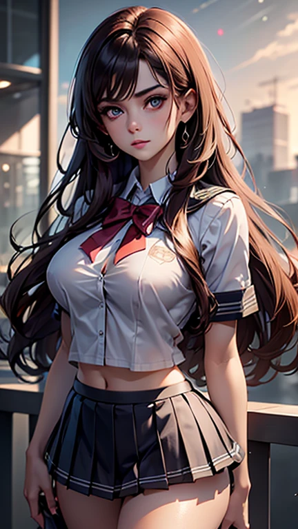 (2girls), Brown hair, Amazing face and eyes, Pink eyes, (hi-school uniform with wide open breasts:1.2), beautiful big breasts, bare breasts, (amazingly beautiful girl), Brown hair, (High School Uniform, Pleated mini-skirt:1.5), ((Best Quality)), (Ultra-detailed), (extremely detailed CG unified 8k wallpaper), Highly detailed, High-definition raw color photos, Professional Photography, (((Bokeh))), depth of fields,
