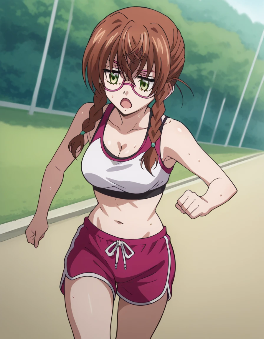 score_9, score_8_up, score_7_up, source_anime, aika kiryuu, long hair, brown hair, green eyes, braid, glasses, twin braids, medium breasts, dolphin shorts, shorts,, outdoors, running, sweat, open mouth, sports bra, cleavage, navel, midriff, ponytail,, , cowboy shot, dutch angle,