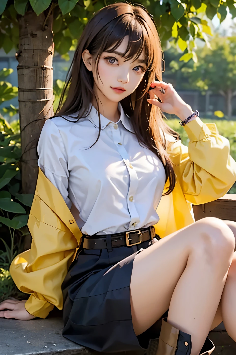 Female, 30-years old, , 1 girl, alone, portrait, leaf, bangs, (very strong hair:1.2), purple eyes, hair between eyes, Do not wear hair ornaments、Big eyes、natural makeup、Anatomically correct top quality, yellow button shirt, belt, short boots, nice body