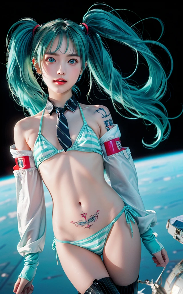 Super detailed, NSFW, masterpiece, High resolution, Photorealistic digital art, perfect lighting, (((1 girl, perfect anatomy))), accurate right hand, accurate left hand, five fingers, perfect style, hatsune miku, 3d face, big light blue-green eyes, glossy lips, blue-green long hair, shiny skin, smile, (((twin tails))), big square hair accessories, (((Space Pilot))),