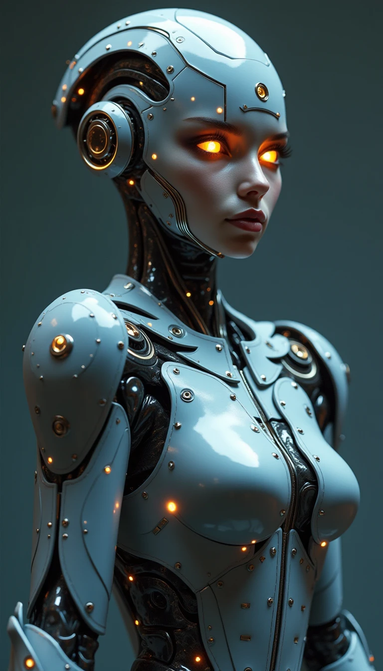 This is an artistic digital illustration portraying the bust of a female figure with cybernetic enhancements and an elaborate mechanical headdress. The figure's facial expression is passive yet intense, with striking red eyes and blue makeup accentuating her features against the contrasting cool metallic tones of the machinery. Rich in detail, the artwork blends organic and mechanical aesthetics, combining smooth human skin with intricate gears, wires, and dripping.