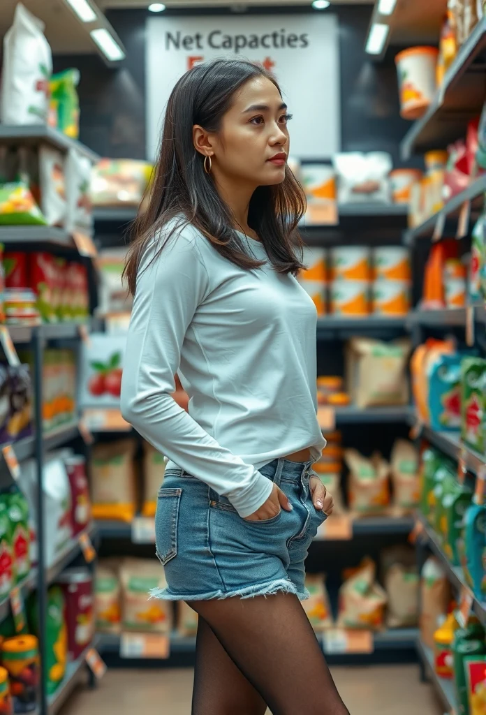 A young woman with long, dark hair is standing in a grocery store, looking away from the camera. She is positioned slightly angled to her right. 

She is wearing a white, long-sleeved top, light blue jeans, and what appears to be black tights or fishnet stockings.  Part of her jeans are pulled down slightly, revealing a portion of her lower body, including her lower thighs and hips. Her expression is neutral, and her attention is directed towards something in the background of the image, which is filled with various bags and containers of food products arranged on shelves. The bags are in different colors, such as green, brown, and orange.  The overall color palette of the image is a light and bright contrast between food products and the woman’s clothes. 