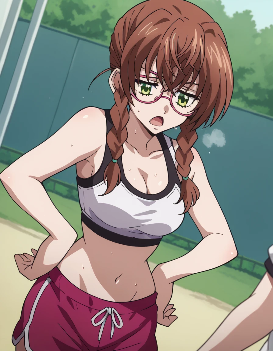 score_9, score_8_up, score_7_up, source_anime, aika kiryuu, long hair, brown hair, green eyes, braid, glasses, twin braids, medium breasts, dolphin shorts, shorts,, outdoors, , sweat, open mouth, sports bra, cleavage, navel, midriff, ponytail,, , cowboy shot, dutch angle, out of breath, hands on hips