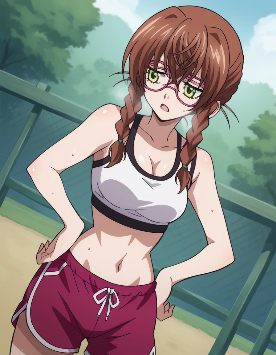 score_9, score_8_up, score_7_up, source_anime, aika kiryuu, long hair, brown hair, green eyes, braid, glasses, twin braids, medium breasts, dolphin shorts, shorts,, outdoors, , sweat, open mouth, sports bra, cleavage, navel, midriff, ponytail,, , cowboy shot, dutch angle, out of breath, hands on hips