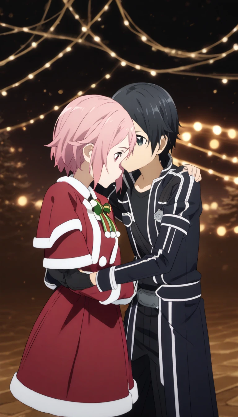 Lisbeth, sword art online,  Short Hair ,  pink hair,  Christmas costume , being carried by Kirito in his arms. 