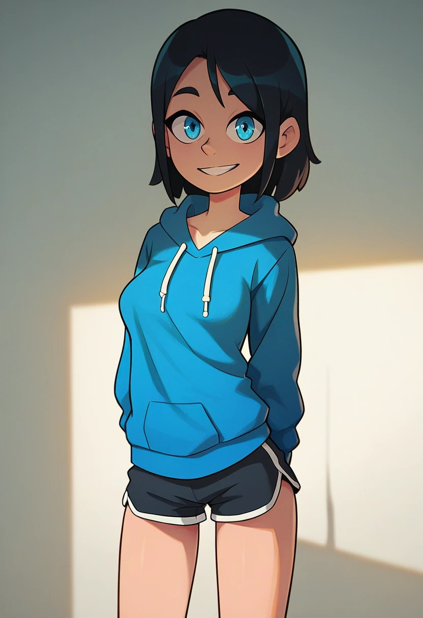 score_9, score_8_up, score_7_up, source_anime, best quality, clear face,skinny cool bright girl,black hair, blue eyes, medium hair, medium breasts, perfect body, s, looking at viewer, cool smile, mini black jumper shorts,blue underneath, plain blue hoodie,summer,two hair strains on sides,medium hair,middle part,baggy clothes,hair going right,standing,