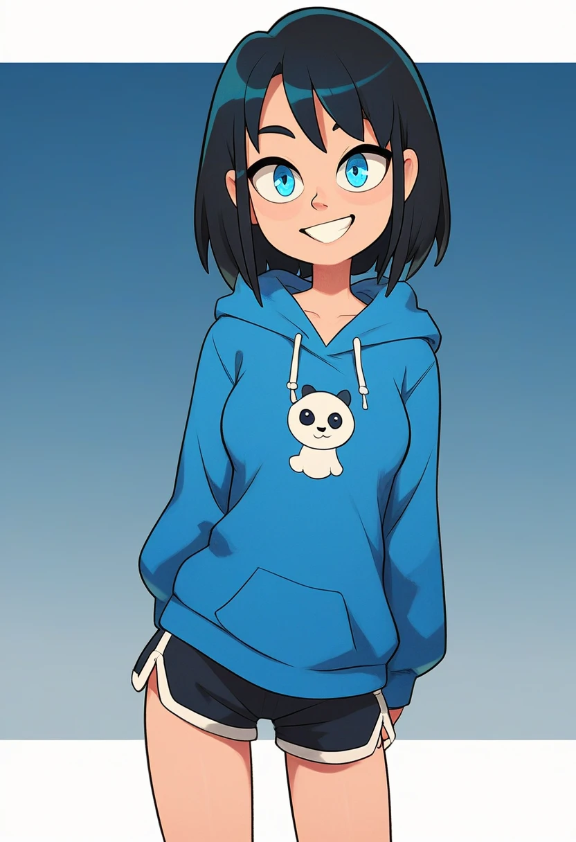 score_9, score_8_up, score_7_up, source_anime, best quality, clear face,skinny cool bright girl,black hair, blue eyes, medium hair, medium breasts, perfect body, s, looking at viewer, cool smile, mini black jumper shorts,blue underneath, plain blue hoodie,summer,two hair strains on sides,medium hair,middle part,baggy clothes,hair going right,standing,