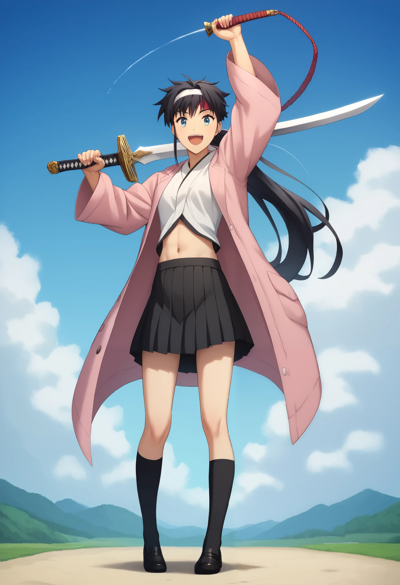   Masterpiece ,  top quality,  Takeuchi Takashi ,  one girl, Long black hair, ponytail,Character portrait,whole body, smiling gently ,Armpits exposed,Navel exposed,Sword in right hand, is pulling out the sword, holding a sword （Hold your right hand and hold it down）,刀のwhole body, Viewer Target,Height: 154cm,Momotaro, black skirt（Pleated mini skirt）,Long sleeves,Japanese clothing, lots of exposure,Slim body,Headband on head,Thighs,Black shoes, black knee-highs,pink coat,Peach on the forehead, Scenery（grassland,blue sky）