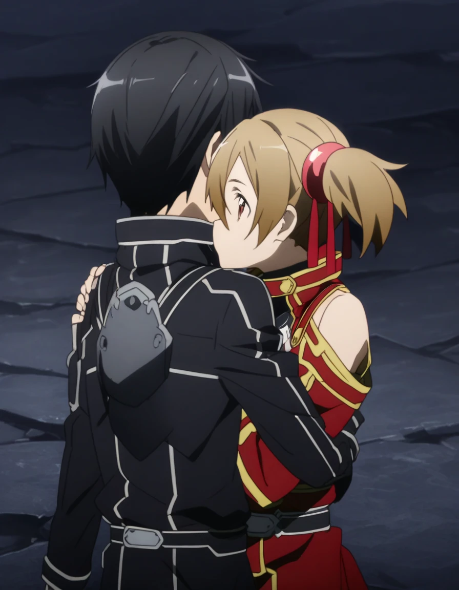 Kirito and Silica, romantic embrace , sword art online. Kirito carrying Silica's arms, sword art online. 