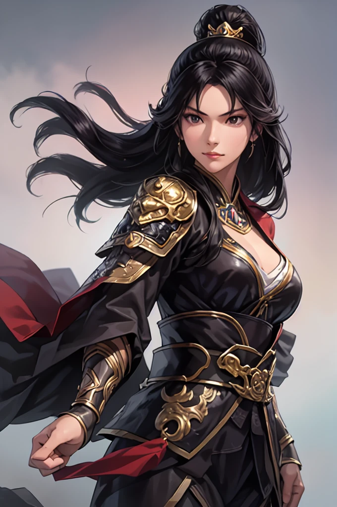   Beautiful black-haired woman ：One woman、1.3,  Amazing Character Art, Hanfu,((  pure white background)), ( top quality), Beautiful female knight, 2. 5D CGI fantasy artwork,  detailed digital art , Very nice work of art,  Fan Art Best Art Station , (black velvet long cape),(warrior:1.2)( No Emotion)1.2,Japan、 accurately drawn hands 、 I'm putting my hands on my lower back, facing the front 、 The chest part of her armor is wide open、 chest is exposed、４k、 white background 、From the waist up