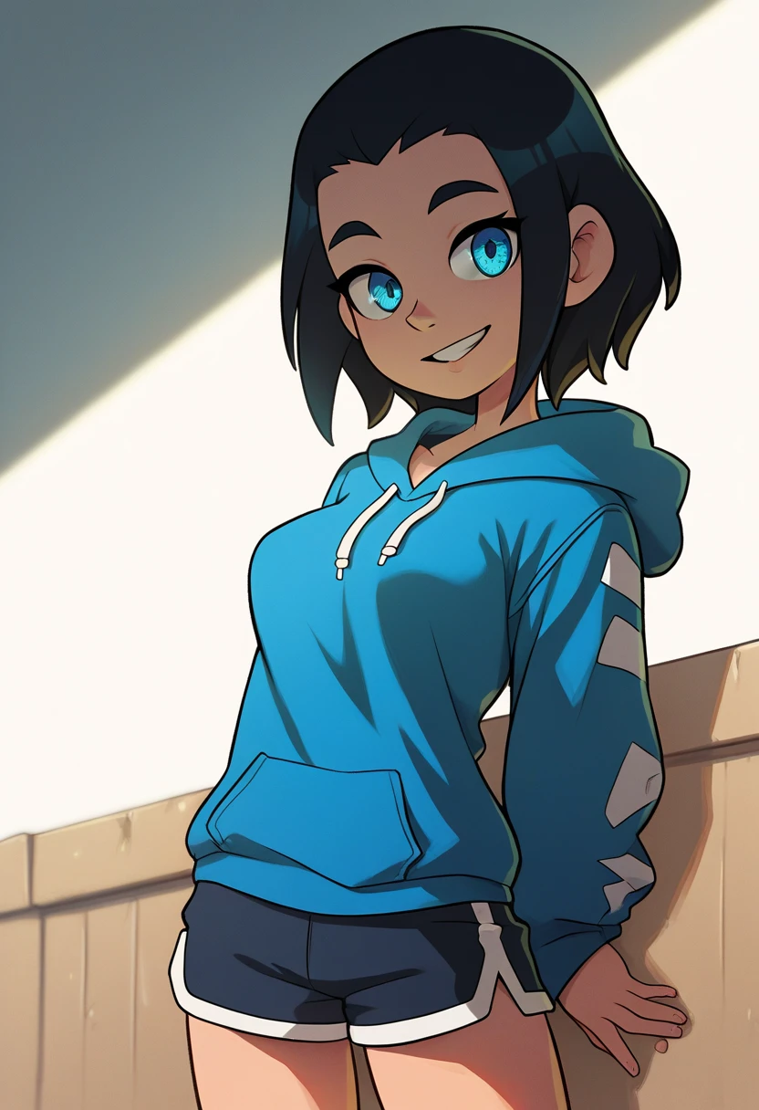 score_9, score_8_up, score_7_up, source_anime, best quality, clear face,skinny cool bright girl,black hair, blue eyes, medium hair, medium breasts, perfect body, s, looking at viewer, cool smile, mini black jumper shorts,blue underneath, plain blue hoodie,summer,two hair strains on sides,medium hair,middle part,baggy clothes,hair going right,standing,