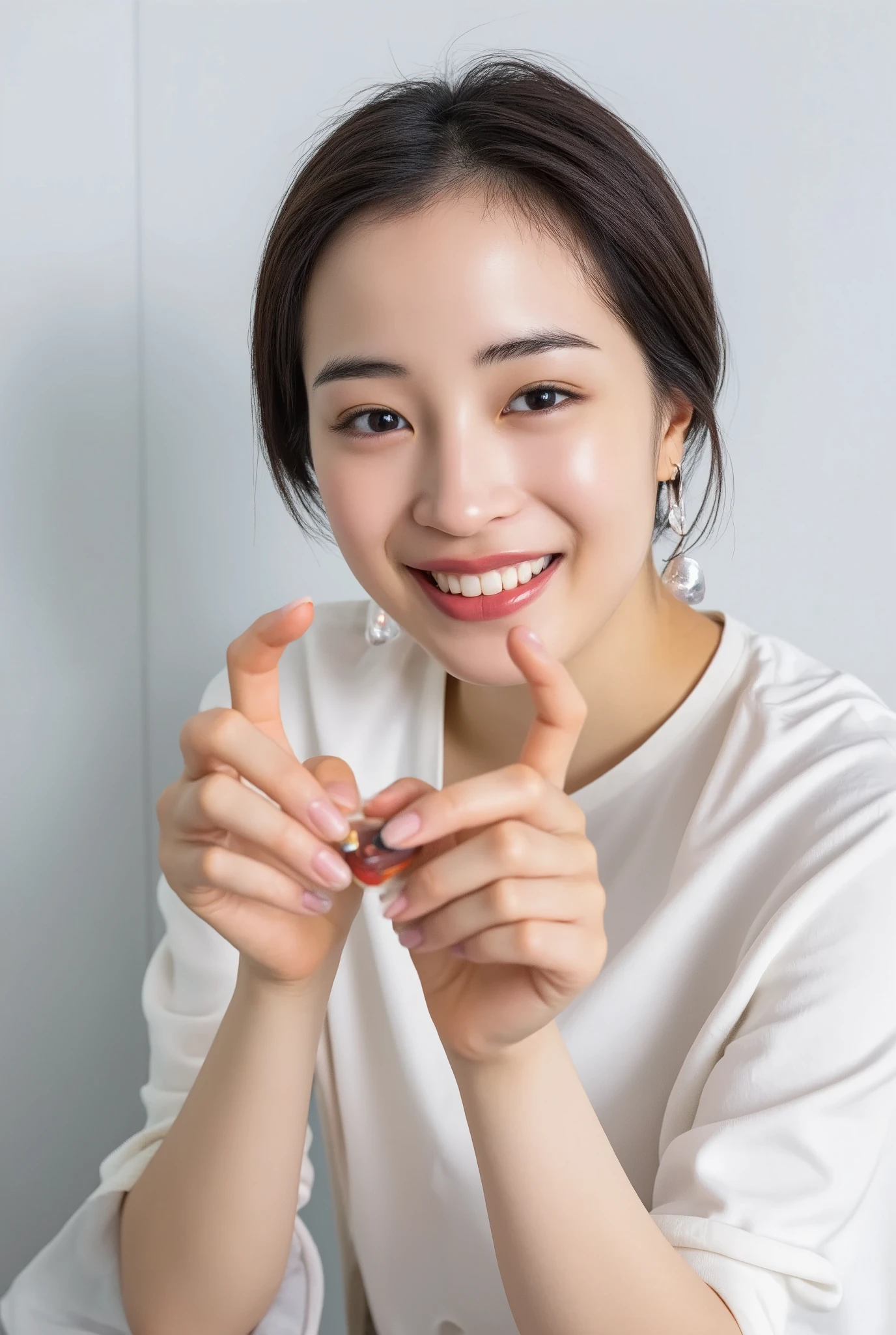 smile making a heart shape with hands:2.0、 (Ultra-precise human anatomy , top quality、 RAW photo、8k、32K、 Masterpiece 、 realistic 、 photorealistic:1.37)、Cute Japanese women images、 tank top in front of urinal、 Shot in natural light、 upper body、 1 girl、Photo Mapping、Physically Based Rendering、 high image quality、 high definition 、1080P、( beautiful face)、(Detailed description of the face)、( Detailed description of the hand setter'Muscle area)、( CG in detail)、 rich details 、( Stunning Features :1.35)、( detail eyes)、 looking forward to your eyes、Delicate clavicle、 Various Poses、非常にリアルで詳細な若い女性の upper bodyポートレート。The skin is beautiful、 Soft light is reflected in the high part of the cheek .、 Tiny pores and hair follicles、 You can see even the thinnest blood vessels 。The skin is smooth、natural flushing of cheeks 、Healthy glow。 The eyes are large and clear blue、Her iris has fine patterning、 Light is reflecting and shining in the eye。 There is a slight shadow under her eye 、 Her eyelashes are long and naturally curled。 her lips are soft pink 、Smooth texture with a natural glow、 Slightly reflects light。 the woman wears a simple white top .、 background is pale black and white gradation .、焦点は完全に顔と upper bodyに当たっている。 realistic shadows and textures、 picture-like depiction、 waist、Waist、thigh